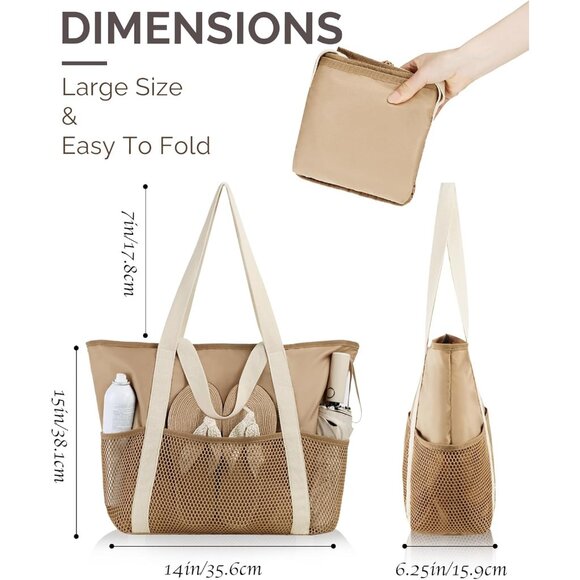 Women Khaki Beach Bag Large Waterproof Sandproof Foldable Tote With Zipper Mesh - Picture 4 of 8
